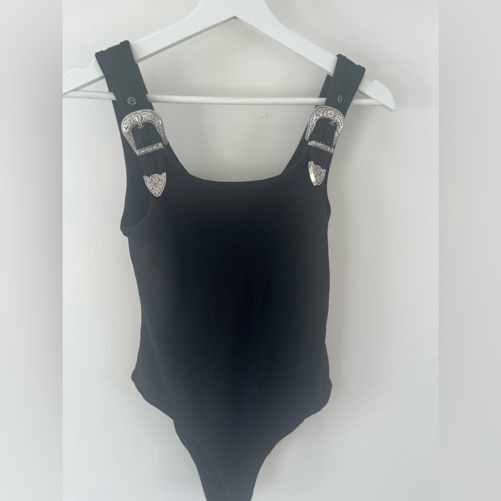 Blue Bird Black Bodysuit with Silver Buckle Detail